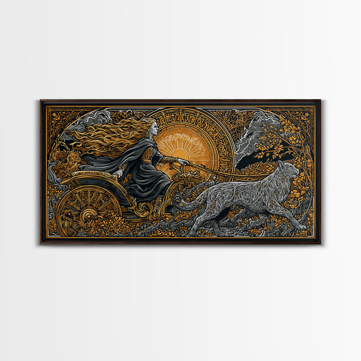 Freyja Canvas Gold Art Canvas Art Norse Goddess Viking Mythology Wall Decor Man Cave or Office Art framed in natural wood
