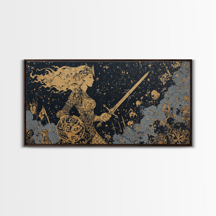 Viking Warrior Queen Hervor Canvas Gold Art Canvas Art Nordic Mythology Wall Decor for Office or Man Cave framed in real wood