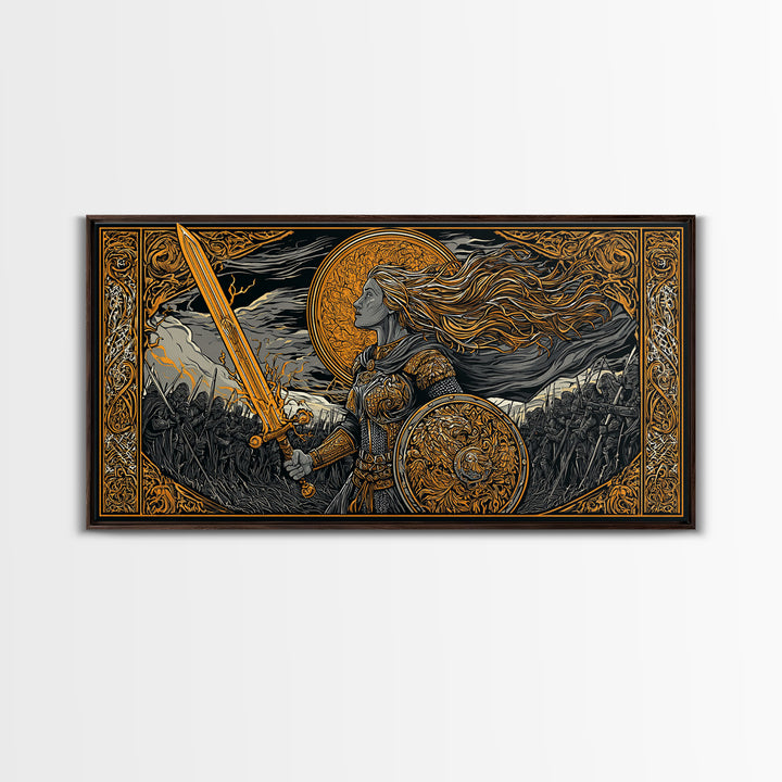 Shieldmaiden Hervor Canvas Gold Art Canvas Art Norse Warrior Goddess Viking Wall Decor Dad Gift Office framed in real wood