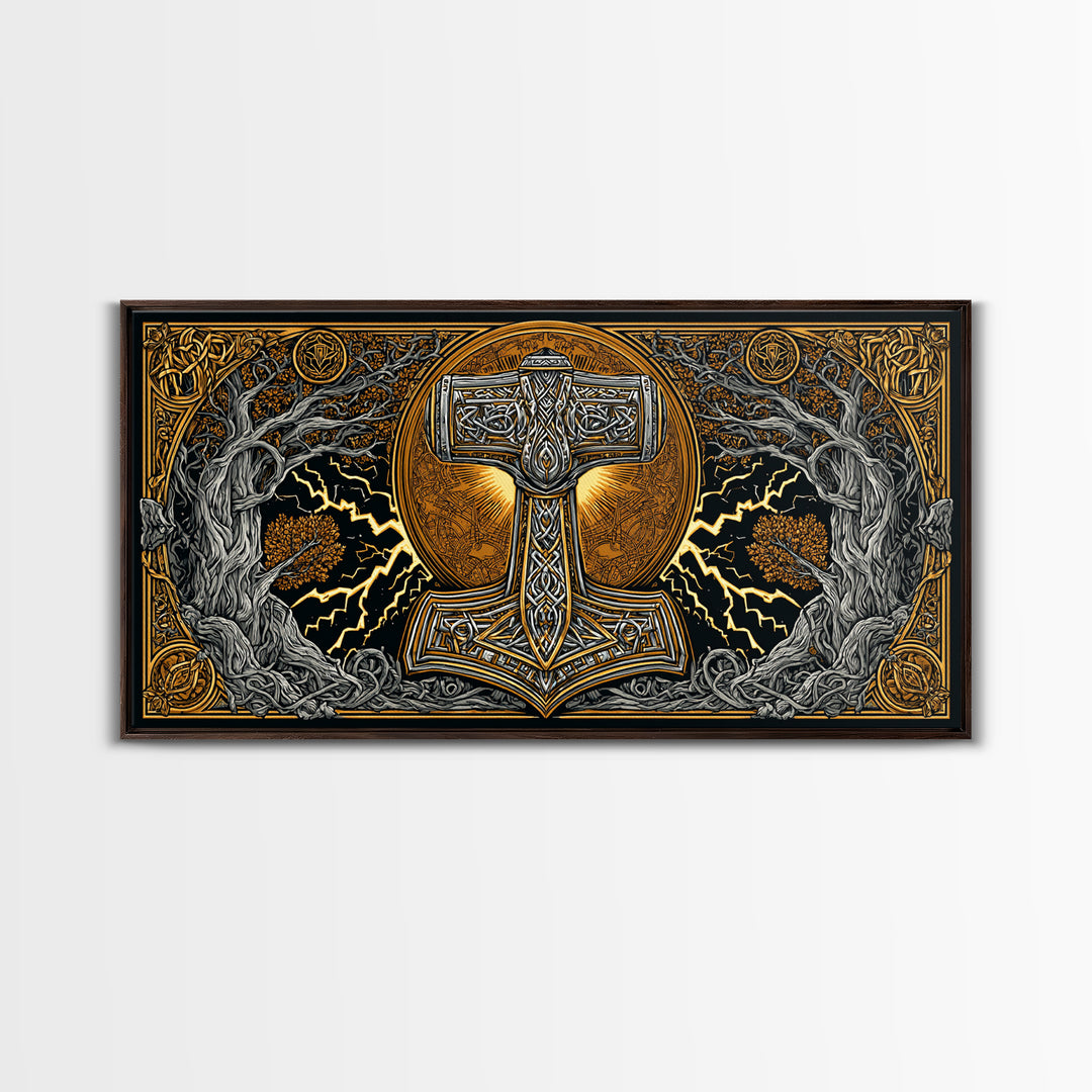 Mjolnir Norse Hammer Canvas Gold Art Canvas Art Viking Symbol Wall Art for Man Cave Office or Dad Gift in handcrafted real wood frame