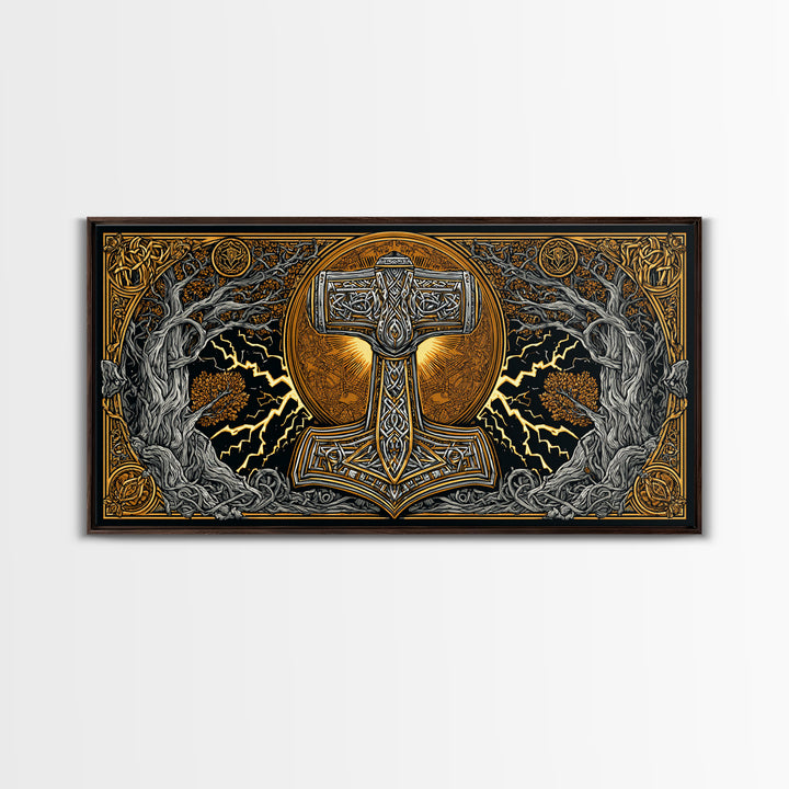 Mjolnir Norse Hammer Canvas Gold Art Canvas Art Viking Symbol Wall Art for Man Cave Office or Dad Gift in handcrafted real wood frame