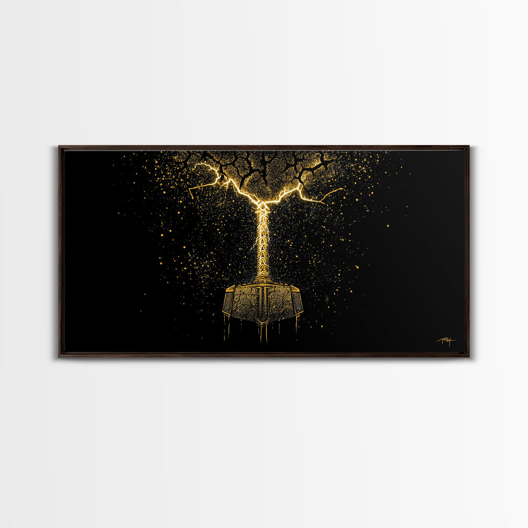 Thor’s Mjolnir Hammer Canvas Gold Art Canvas Art Nordic Wall Art Viking Decor Mythology Office Piece framed in premium natural wood