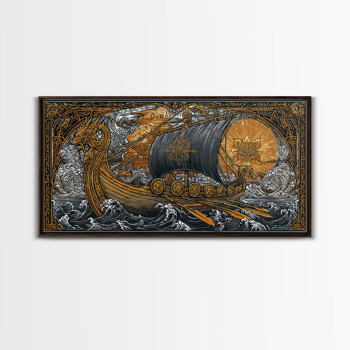 Naglfar Norse Longship Canvas Gold Art Canvas Art Viking Ship Wall Decor Nordic Mythology Office or Dad Gift framed with natural wood