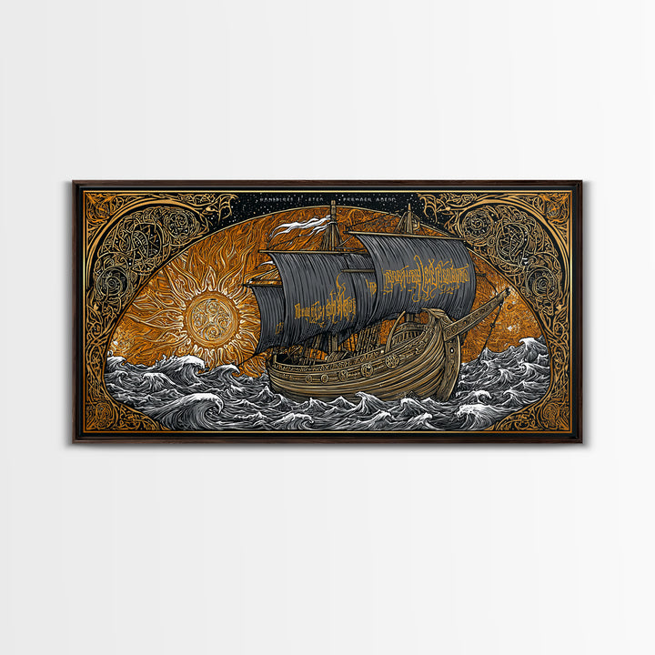 Viking Ship Naglfar Canvas Gold Art Canvas Art Nordic Longship Decor Norse Mythology Office Wall Art Man Cave framed in authentic wood