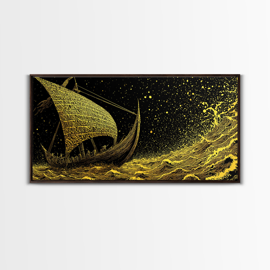 Norse Ship Naglfar Canvas Gold Art Canvas Art Viking Longship Wall Hanging Decor for Dad Gift Office Art framed in handcrafted real wood