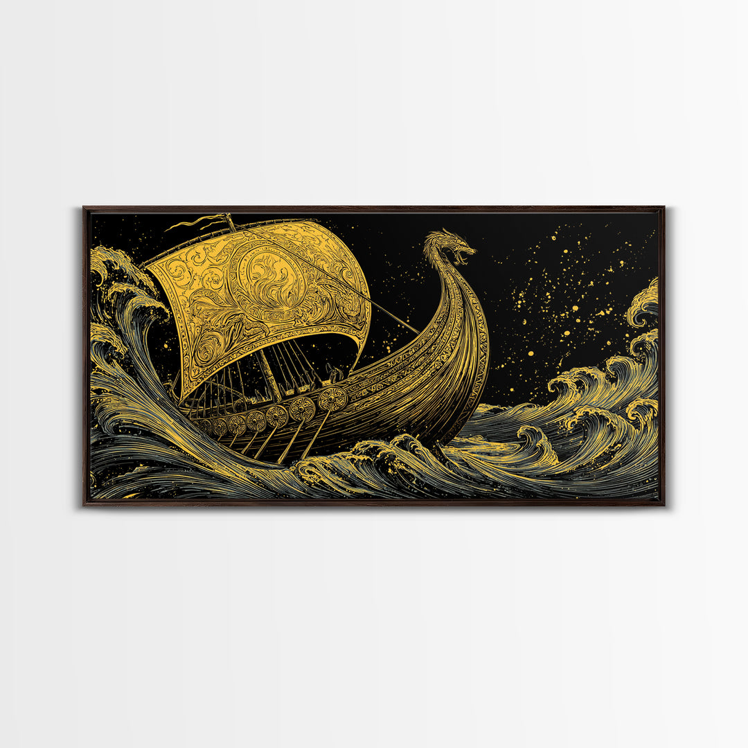 Naglfar Viking Ship Canvas Gold Art Canvas Art Norse Mythology Longship Wall Hanging Decor Office Art Man Cave Gift framed in real wood