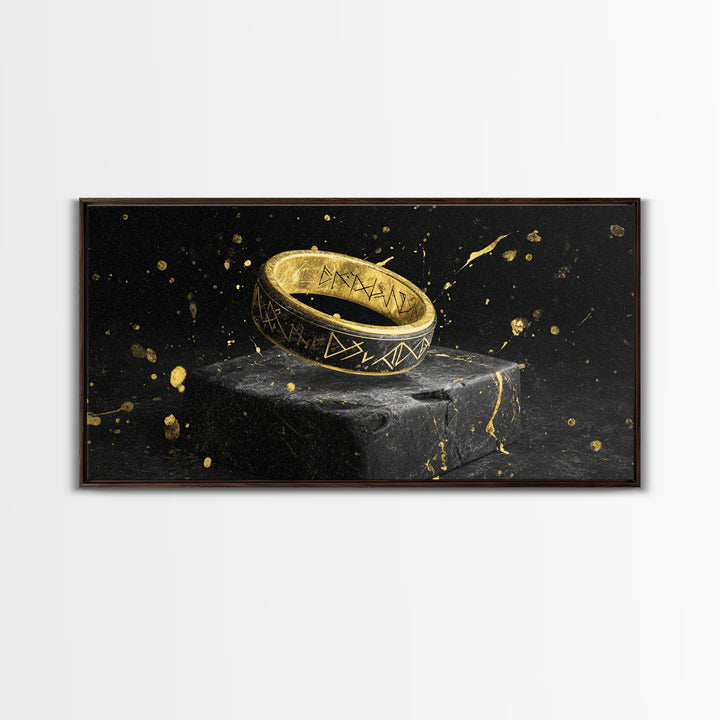 Viking Rune Ring Canvas Gold Art Nordic Symbol Canvas Art Norse Jewelry Wall Decor, Office Art or Dad Gift with real wood frame