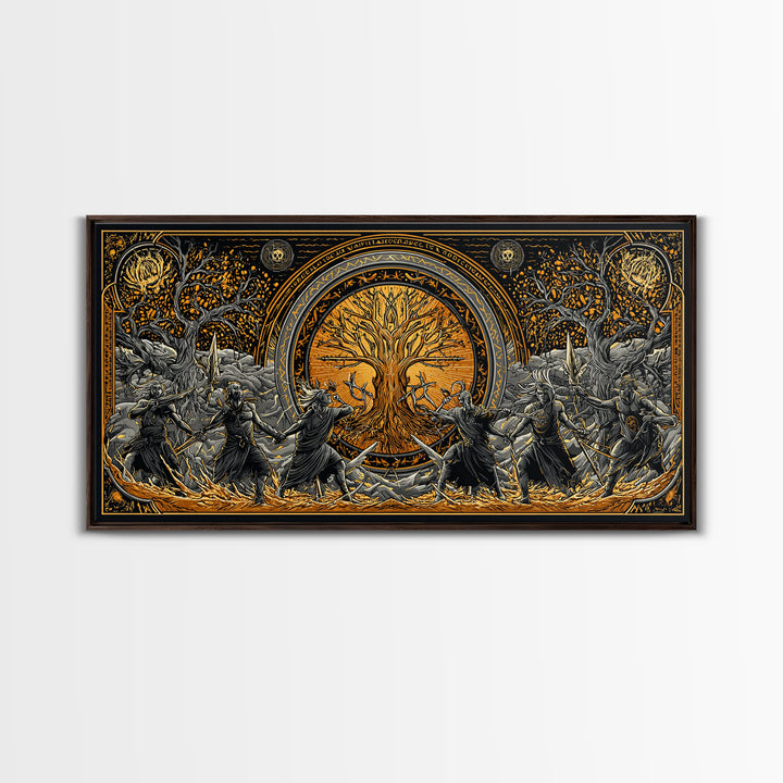 Sköll Wolf Canvas Gold Art Norse Mythology Canvas Art, Viking Wolf Devours the Sun Wall Decor in real wood frame for office