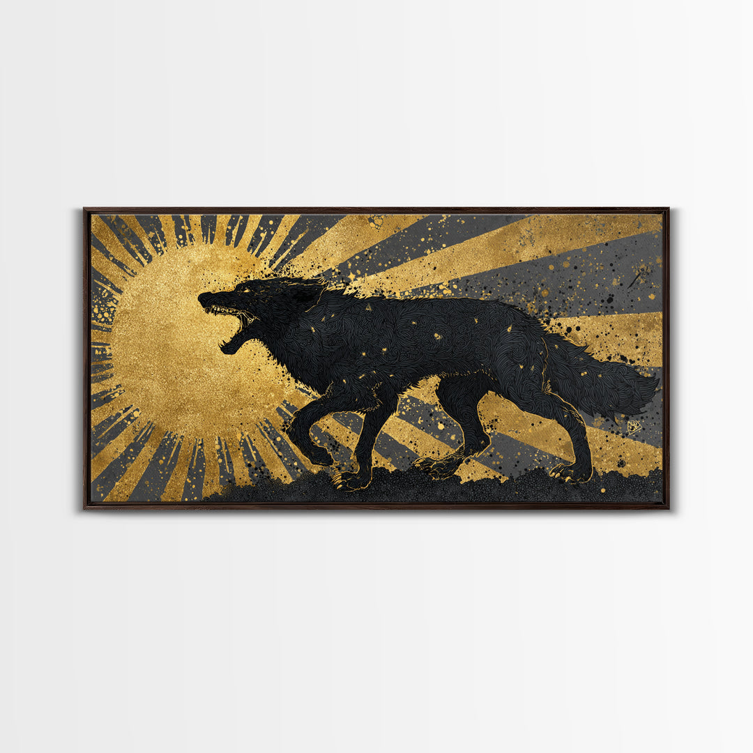 Hati and Sköll Wolves Canvas Gold Art Norse Mythology Canvas Art, Viking Sun and Moon Chase Wall Decor framed in real wood