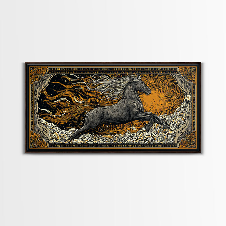 Mythical Sleipnir Canvas Gold Art Wall Decor, Odin’s Eight-Legged Horse Norse Canvas Art with real wood frame, Viking Office Art