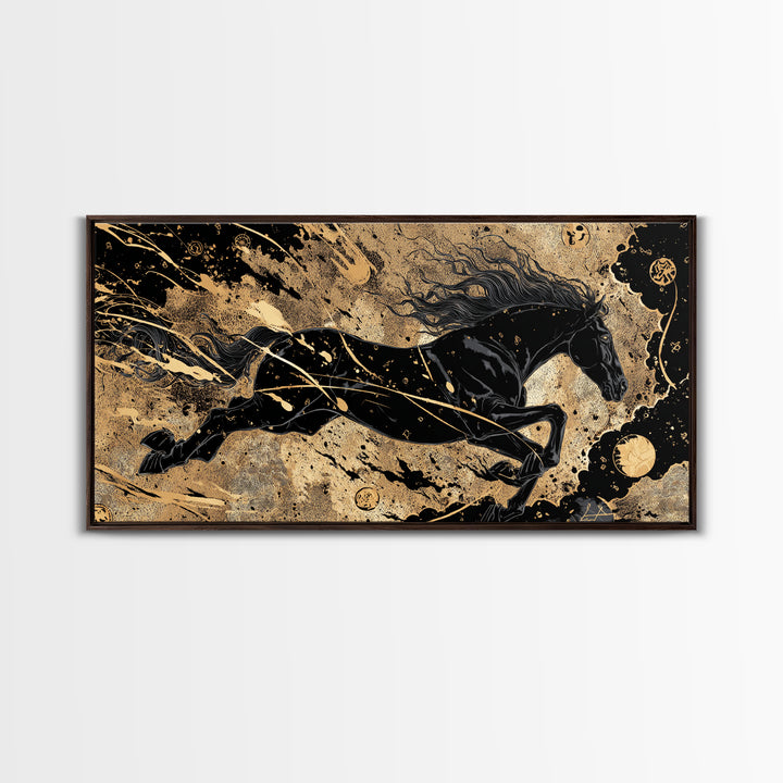 Sleipnir Norse Horse Canvas Gold Art, Nordic Mythology Canvas Art for Man Cave or Office, framed in natural wood, unique Dad Gift