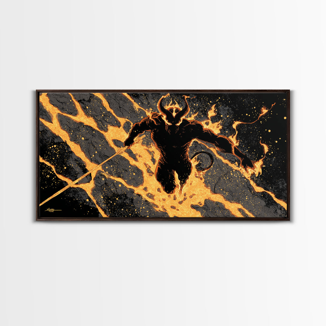 Mythical Surtur with Flaming Sword Canvas Gold Art, Viking Canvas Art Norse Decor, Man Cave Office Art, framed in handcrafted wood