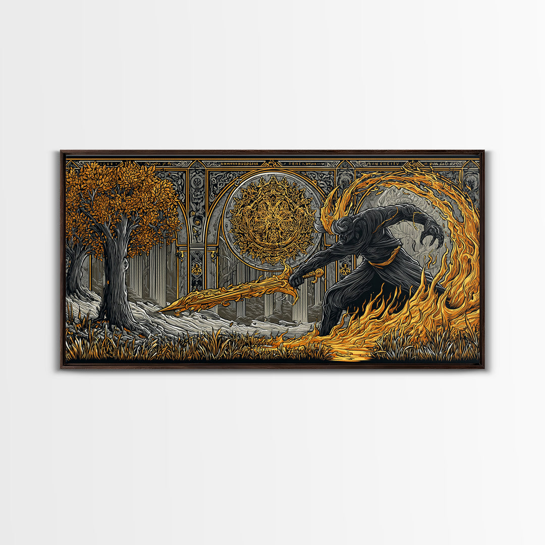 Surtur Norse Fire Giant Canvas Art, Nordic Mythology Canvas Gold Art for Office Wall or Man Cave, framed in real wood, bold Dad Gift