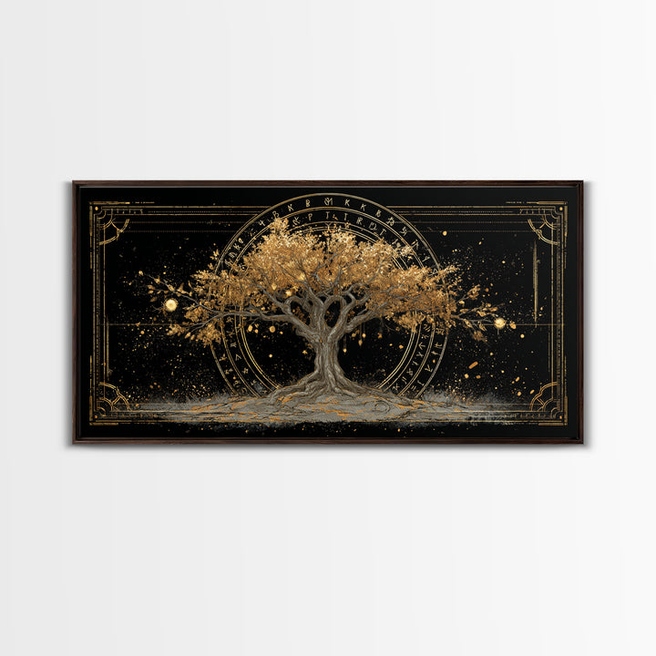 The World Tree Yggdrasil Canvas Gold Art, Norse Mythology Canvas Art for Office, Viking Man Cave Decor, framed in natural wood