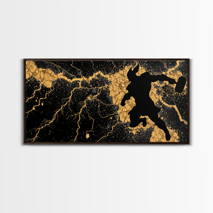Viking Thor with Mjolnir Canvas Gold Art, Norse Mythology Canvas Art Wall Decor for Man Cave or Dad Gift, framed in solid wood