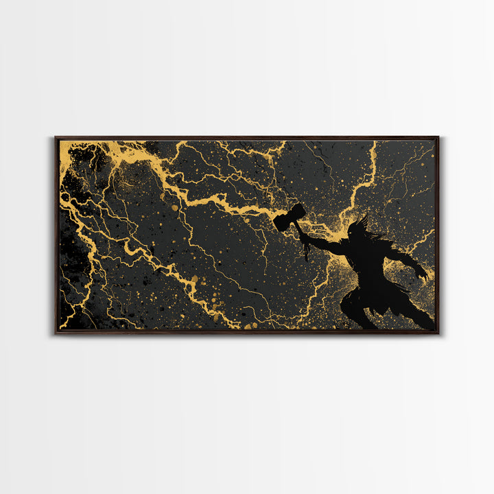 Thor God of Thunder Canvas Art, Canvas Gold Art with Lightning, Norse Mythology Wall Decor, Office Art for Men, framed in real wood
