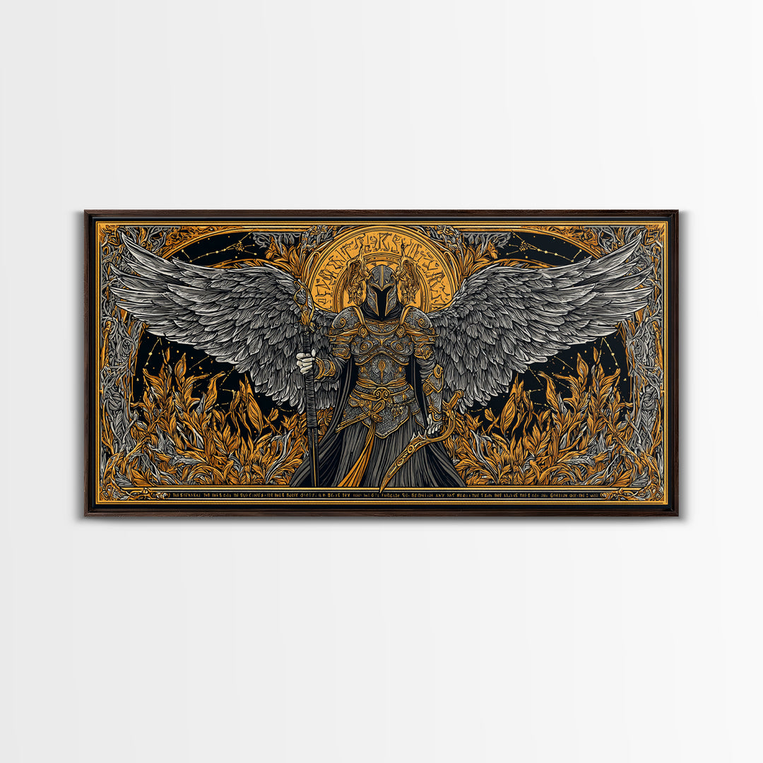 Winged Valkyrie Warrior Canvas Art, Canvas Gold Art Norse Decor, Nordic Mythology Office Art for Men, framed with real wood detail