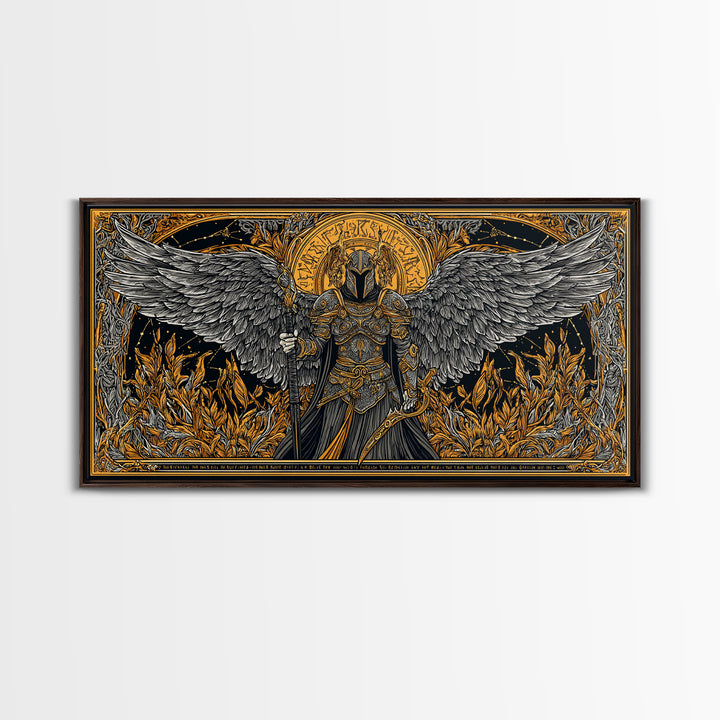 Winged Valkyrie Warrior Canvas Art, Canvas Gold Art Norse Decor, Nordic Mythology Office Art for Men, framed with real wood detail