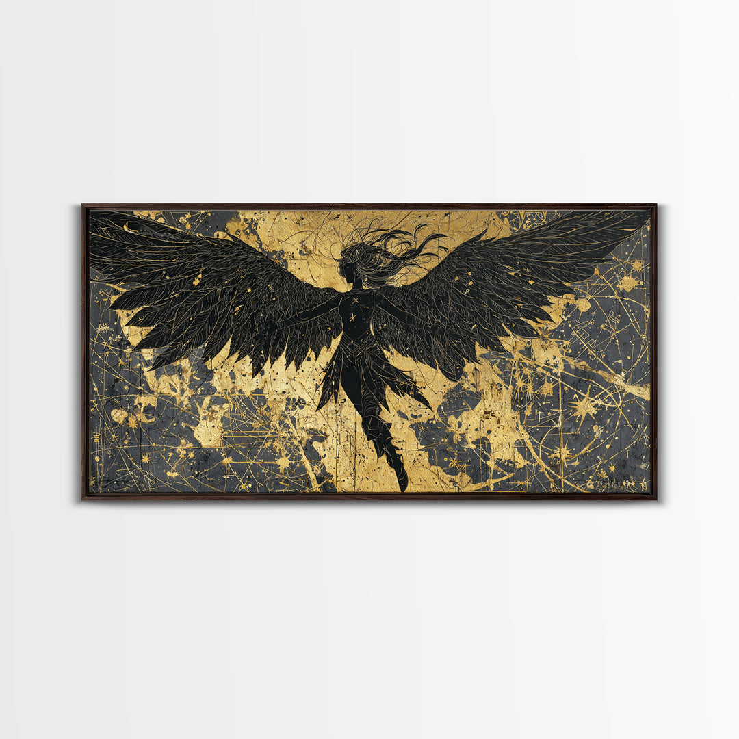 Valkyrie Canvas Gold Art Nordic Canvas Art with Real Wood Frame, Norse Mythology Warrior Wall Decor for Office or Man Cave