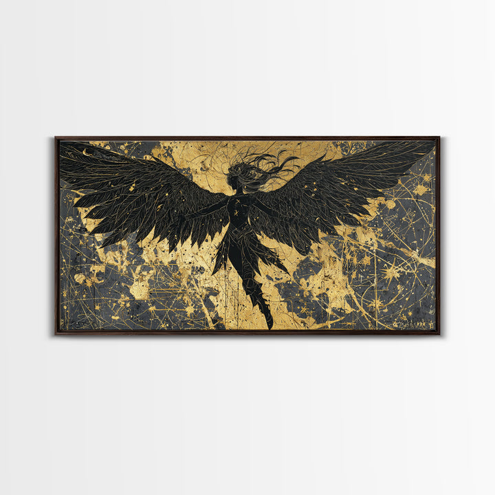 Valkyrie Canvas Gold Art Nordic Canvas Art with Real Wood Frame, Norse Mythology Warrior Wall Decor for Office or Man Cave