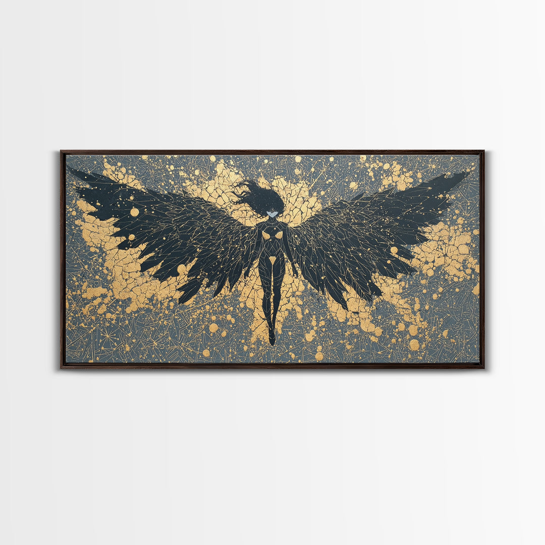 Canvas Art Valkyrie Angel Canvas Gold Art, Norse Mythology Wall Hanging framed in Natural Wood, Dad Gift or Office Decor