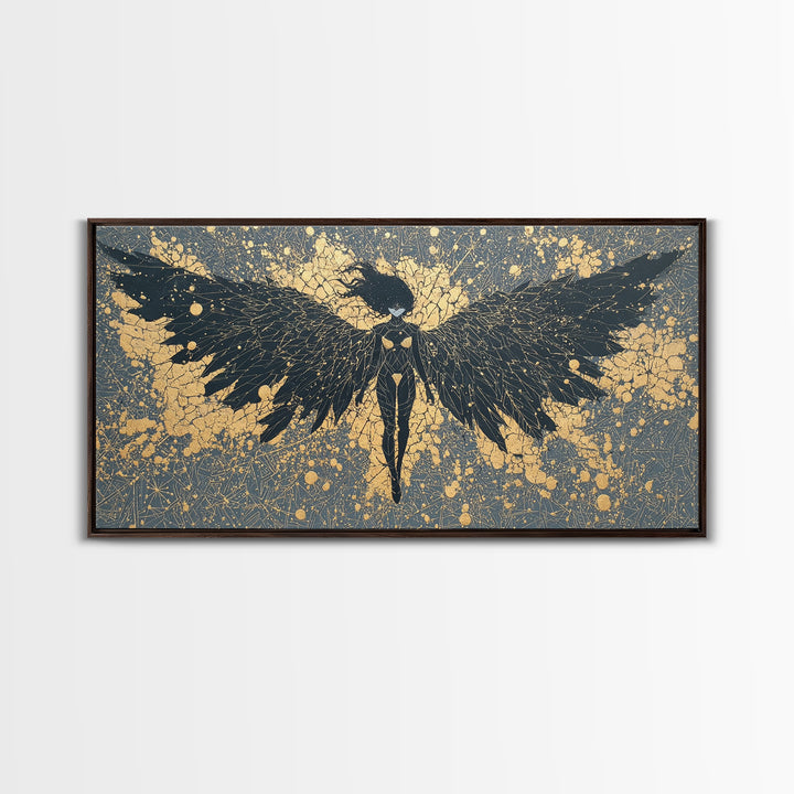 Canvas Art Valkyrie Angel Canvas Gold Art, Norse Mythology Wall Hanging framed in Natural Wood, Dad Gift or Office Decor
