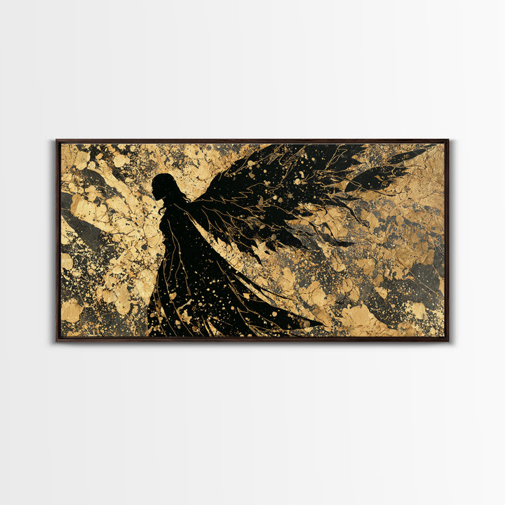 Valkyrie Canvas Gold Art, Norse Mythology Canvas Art Warrior Woman, Nordic Decor for Office or Man Cave, framed in natural wood