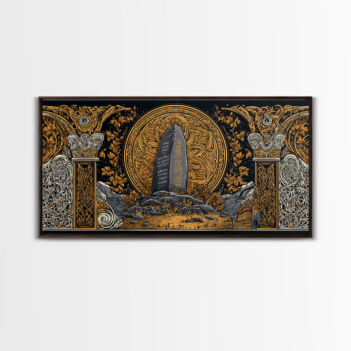 Viking Helmet Canvas Gold Art Canvas Art, Norse Warrior Helmet Decor framed in Natural Wood, Nordic Office or Dad Gift Wall Art