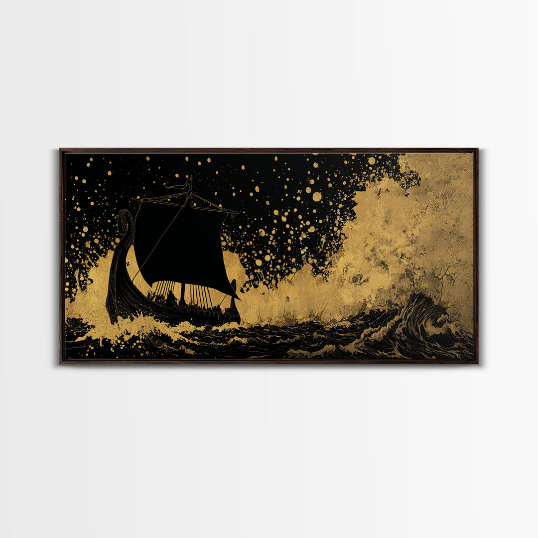 Canvas Art Viking Rune Stone Canvas Gold Art, Norse Mythology Wall Decor with Real Wood Frame, Man Cave Nordic Office Artwork