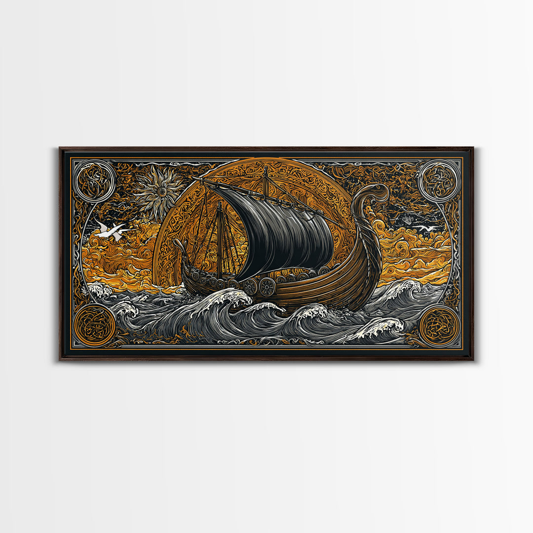 Viking Ship Canvas Gold Art Canvas Art, Norse Longboat Sailing Wall Decor with Real Wood Frame, Nordic Mythology Office Artwork