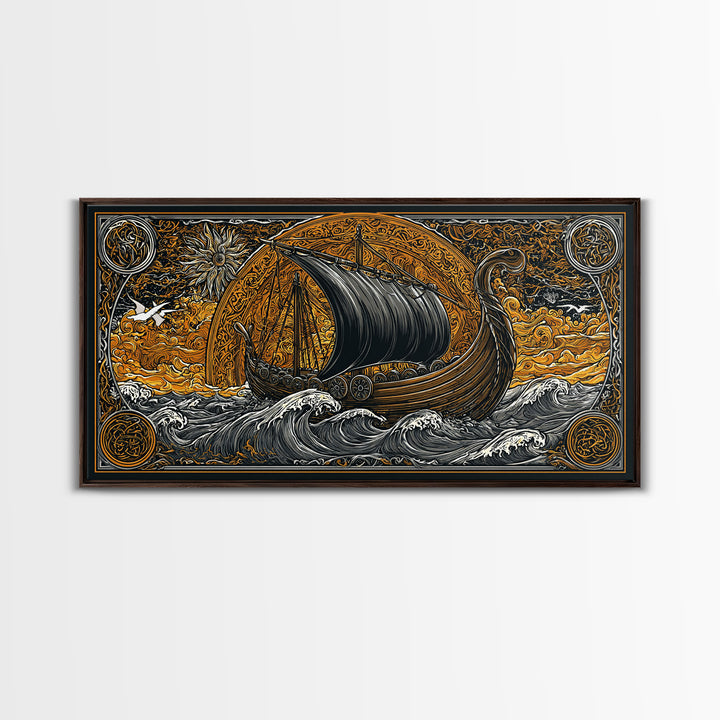 Viking Ship Canvas Gold Art Canvas Art, Norse Longboat Sailing Wall Decor with Real Wood Frame, Nordic Mythology Office Artwork