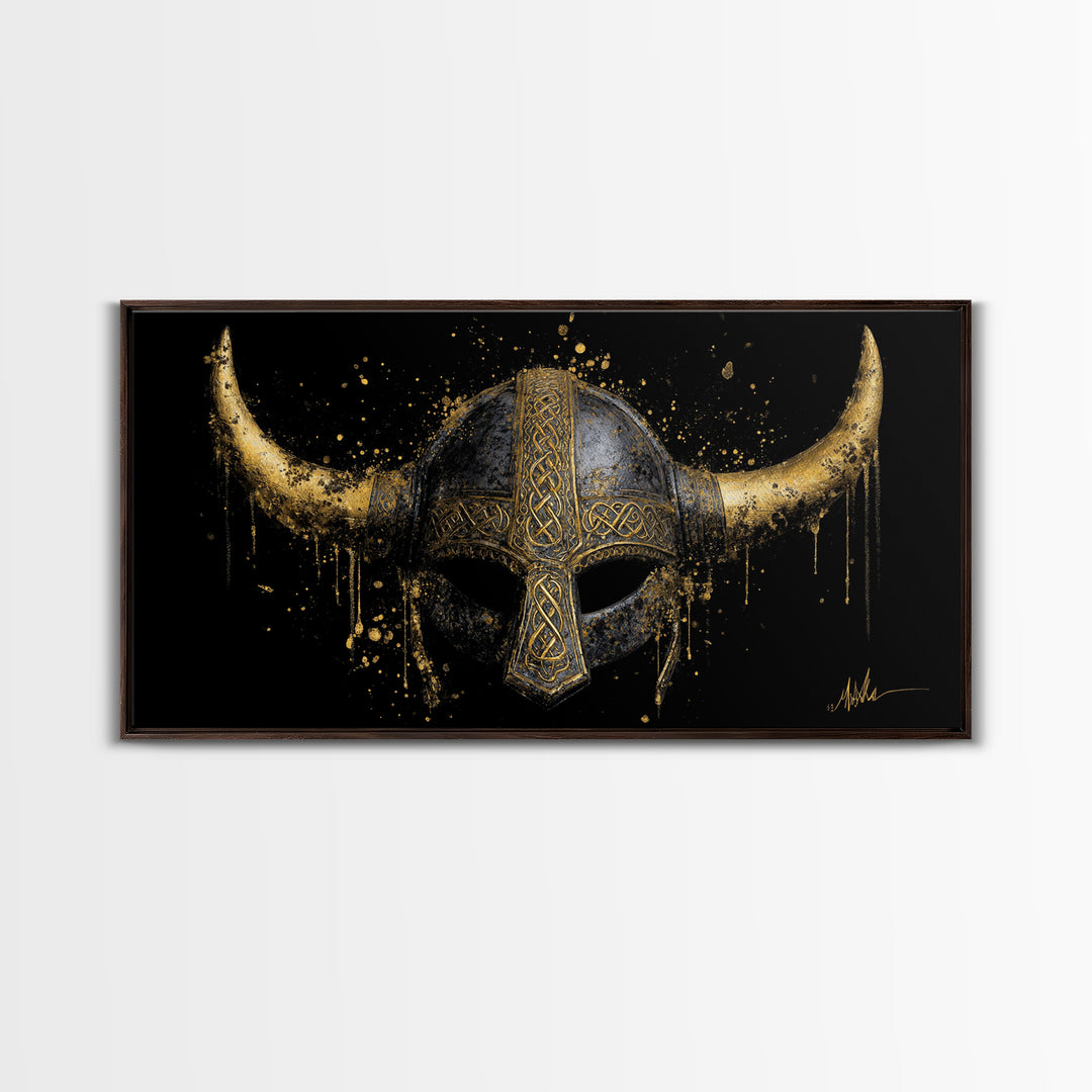 Nordic Valkyrie Canvas Gold Art Canvas Art, Norse Goddess Warrior Silhouette with Wings, Man Cave Wall Art in Real Wood Frame