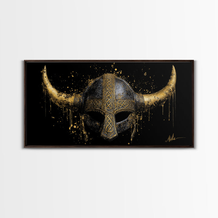 Nordic Valkyrie Canvas Gold Art Canvas Art, Norse Goddess Warrior Silhouette with Wings, Man Cave Wall Art in Real Wood Frame