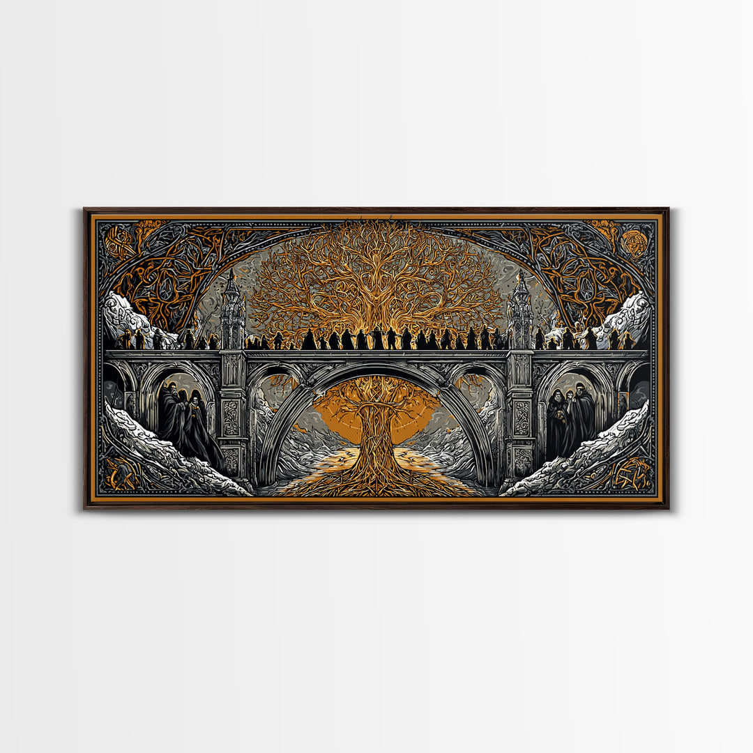 Yggdrasil Bridge Nordic Mythology Wall Decor | Canvas Gold Art Canvas Art | Norse Gods Fantasy Scene framed in real wood