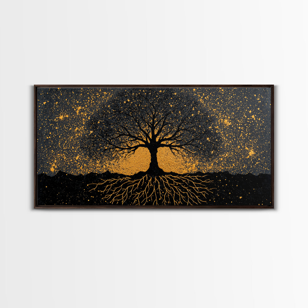 Viking Funeral Canvas Gold Art Canvas Art, Norse Longship Silhouette Wall Decor framed in Natural Wood, Nordic Mythology Artwork