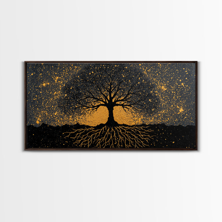 Viking Funeral Canvas Gold Art Canvas Art, Norse Longship Silhouette Wall Decor framed in Natural Wood, Nordic Mythology Artwork