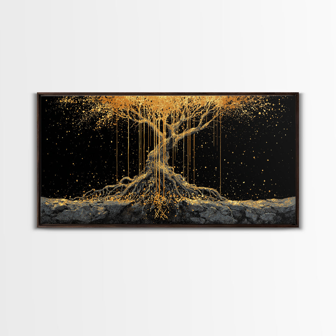 Norse Yggdrasil Tree of Life Canvas Gold Art Canvas Art | Nordic Mythology Office Wall Decor Man Cave Gift in natural wood frame