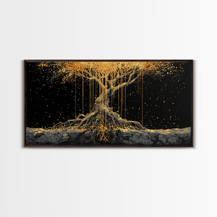 Norse Yggdrasil Tree of Life Canvas Gold Art Canvas Art | Nordic Mythology Office Wall Decor Man Cave Gift in natural wood frame