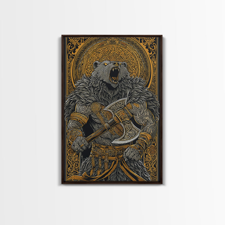 Nordic Bear Warrior Canvas Gold Art Canvas Art | Viking Mythology Wall Decor for Office or Man Cave | Framed in Natural Wood