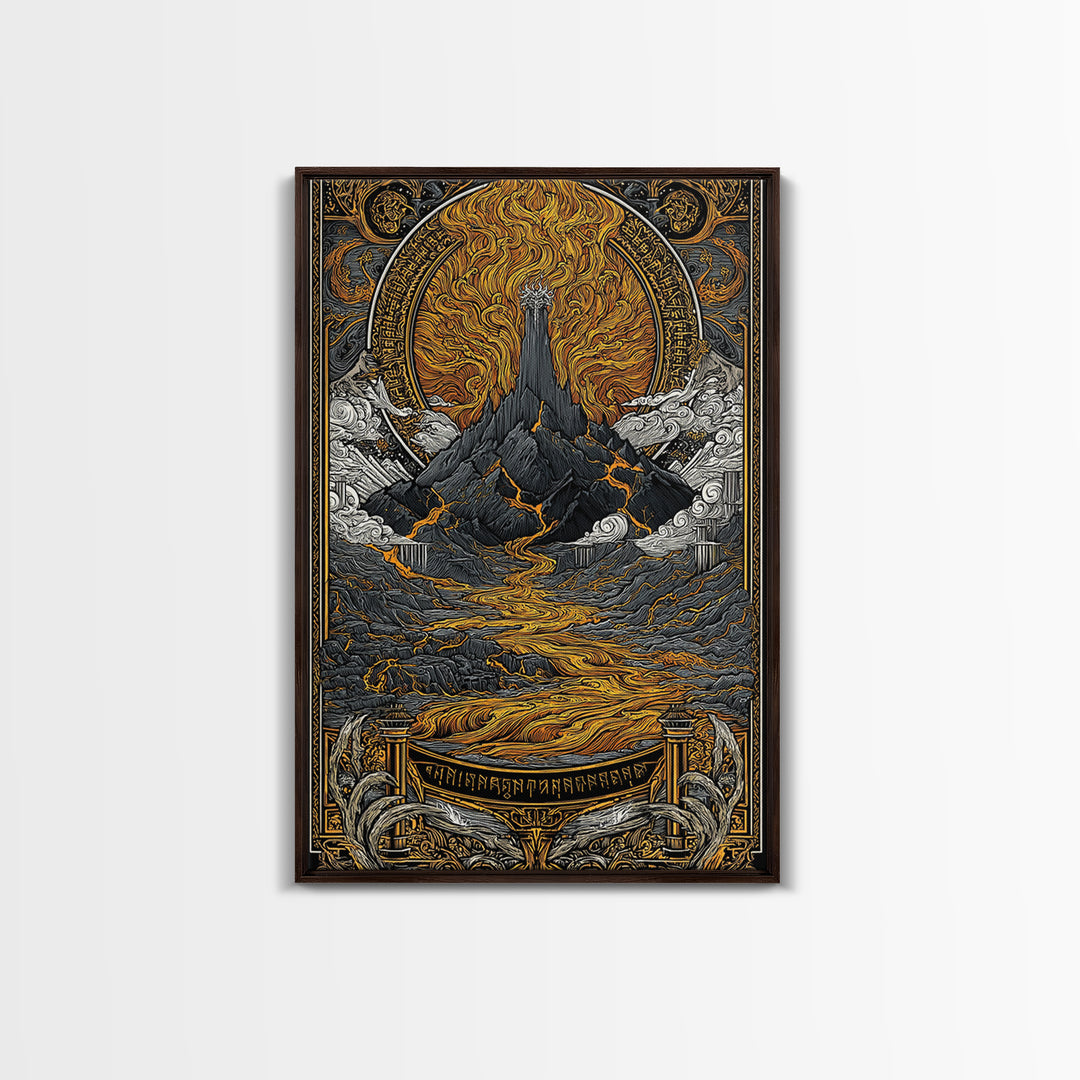 Muspelheim Fire Mountain Canvas Gold Art Canvas Art | Viking Mythology Lava Landscape Wall Art | Natural Wood Frame Included