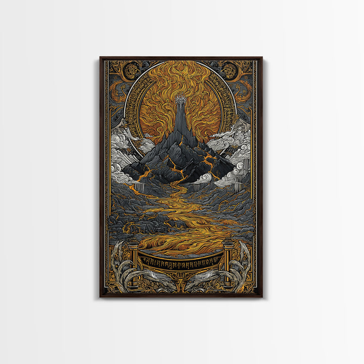 Muspelheim Fire Mountain Canvas Gold Art Canvas Art | Viking Mythology Lava Landscape Wall Art | Natural Wood Frame Included