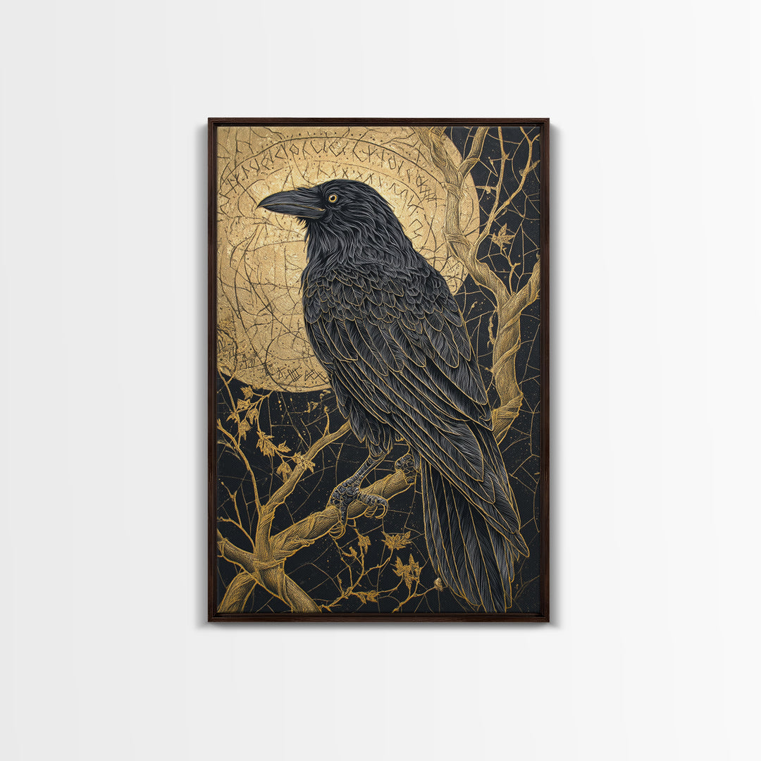 Odin’s Raven Canvas Gold Art Canvas Art | Norse Mythology Bird Symbol Wall Decor for Office or Dad Gift | Set in Real Wood Frame