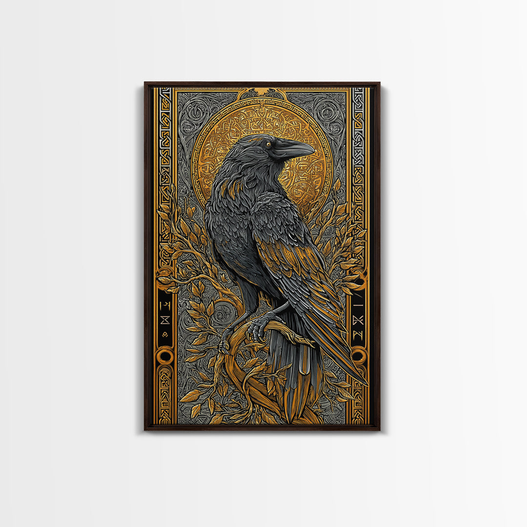 Hugin Raven Canvas Gold Art Canvas Art | Viking Odin Symbol Norse Mythology Decor | Man Cave Wall Art | Framed in Solid Wood