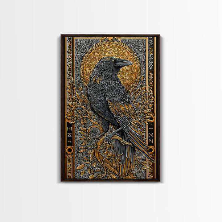 Hugin Raven Canvas Gold Art Canvas Art | Viking Odin Symbol Norse Mythology Decor | Man Cave Wall Art | Framed in Solid Wood