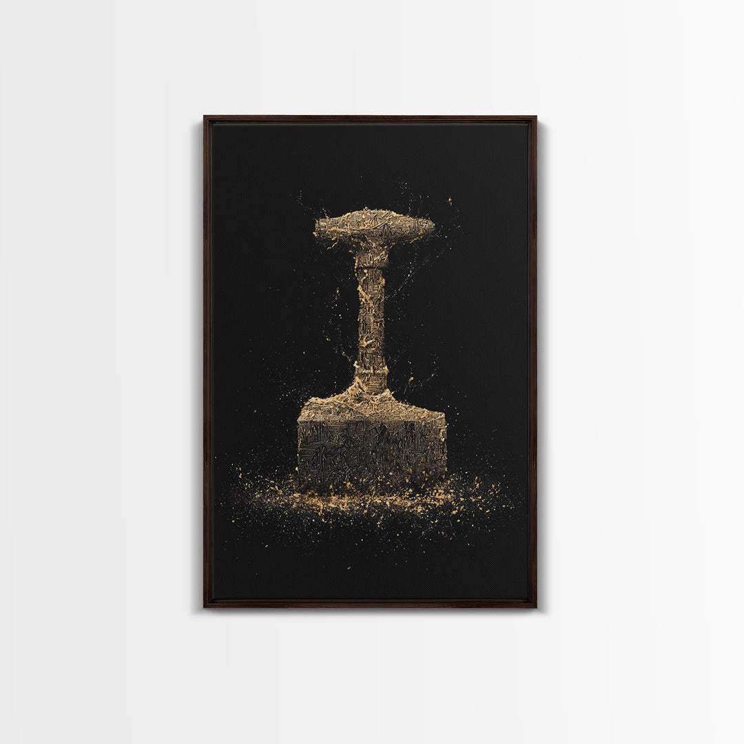 Thor’s Hammer Canvas Gold Art Canvas Art | Norse Mythology Mjölnir Wall Decor Pagan Viking Symbol | Mounted with Real Wood Frame