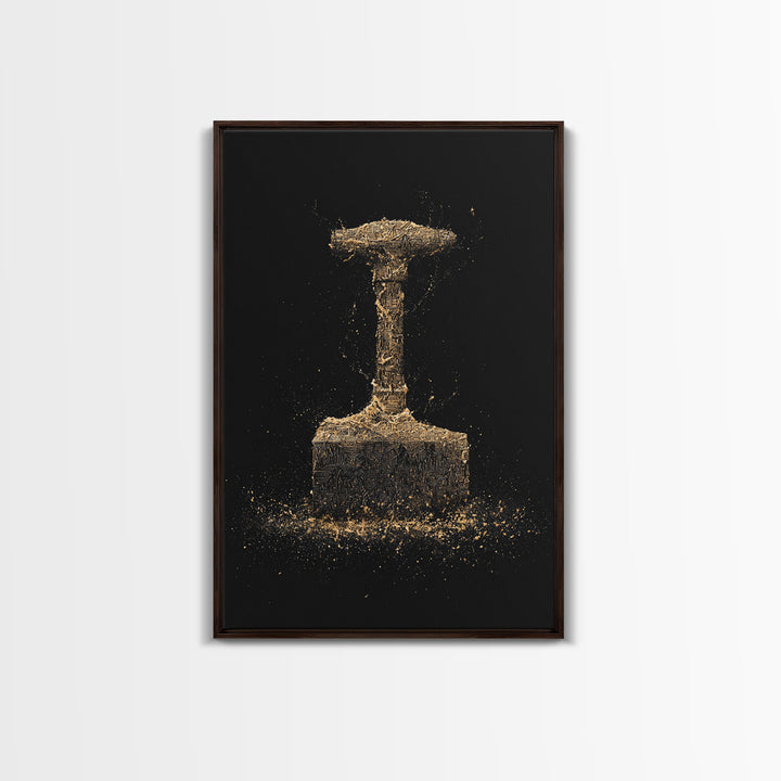 Thor’s Hammer Canvas Gold Art Canvas Art | Norse Mythology Mjölnir Wall Decor Pagan Viking Symbol | Mounted with Real Wood Frame