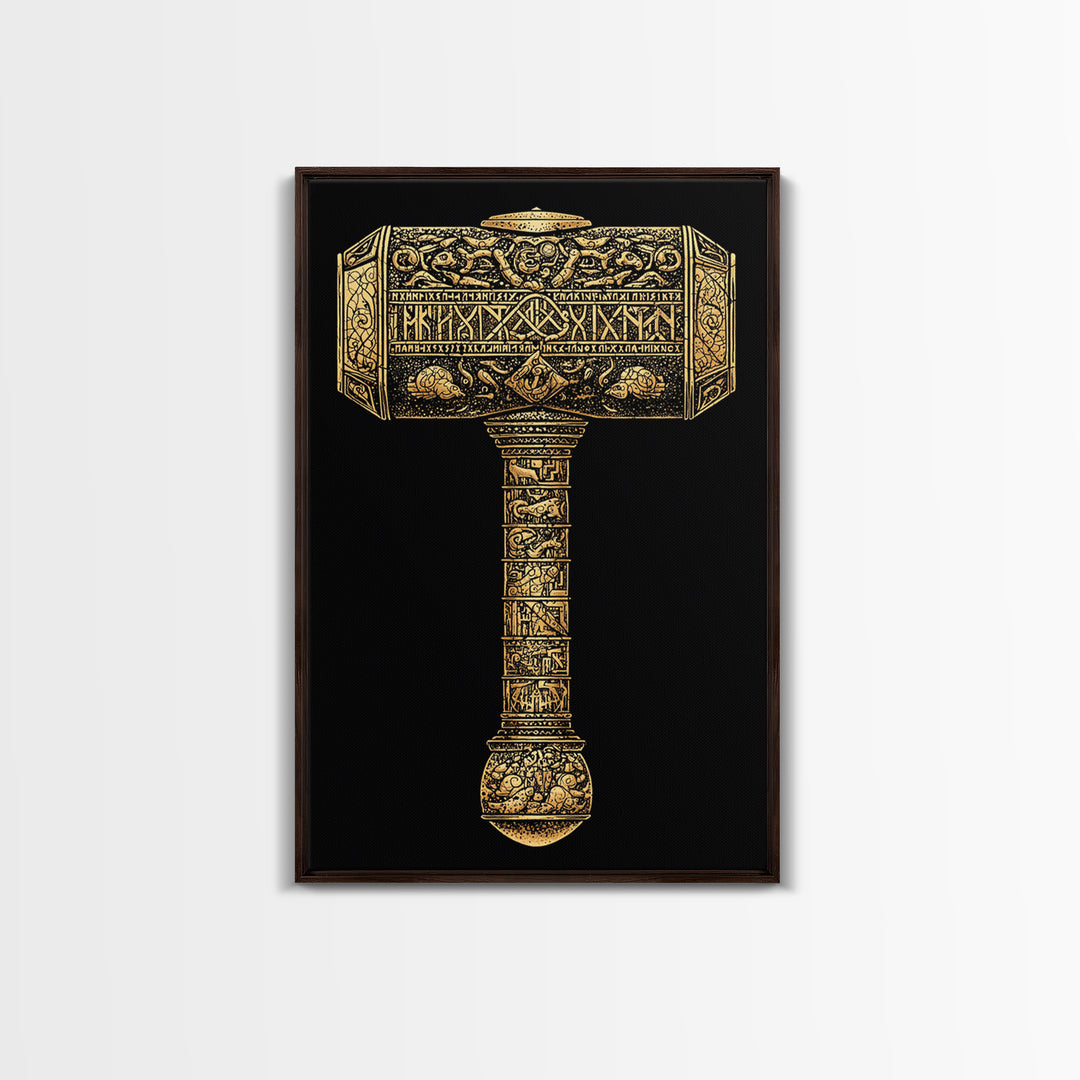 Viking Mjölnir Hammer Canvas Gold Art Canvas Art | Nordic Mythology Pagan Symbol Wall Art Dad Gift | Office Decor in Wood Frame