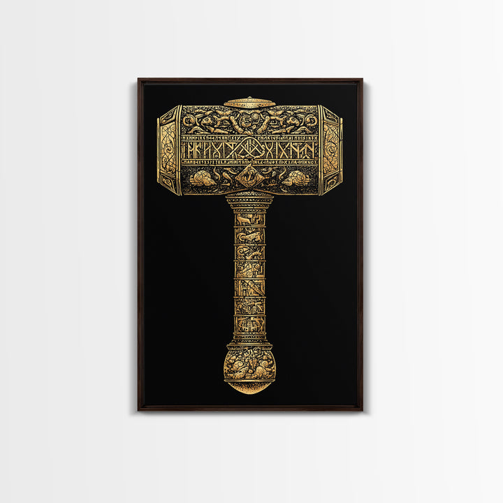 Viking Mjölnir Hammer Canvas Gold Art Canvas Art | Nordic Mythology Pagan Symbol Wall Art Dad Gift | Office Decor in Wood Frame