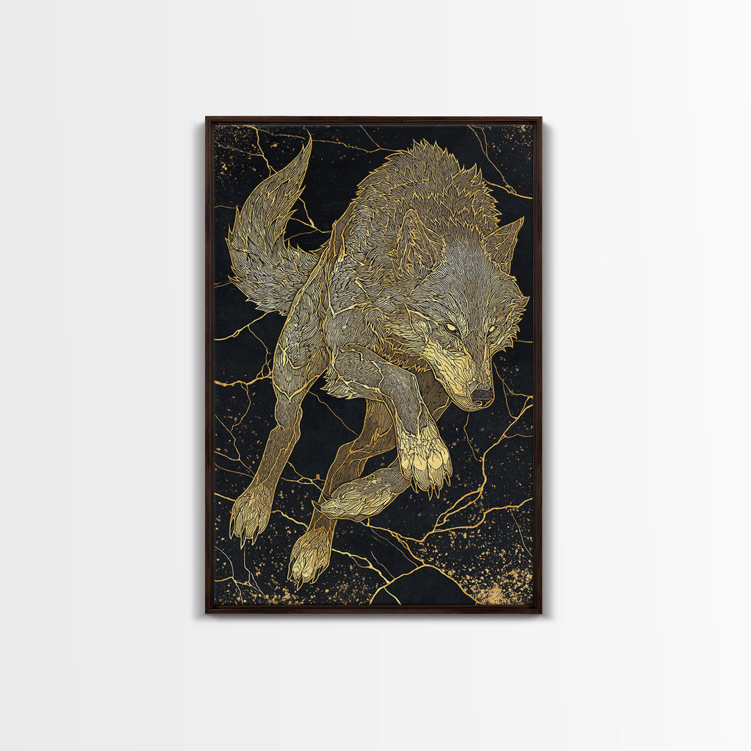 Fenrir Wolf Canvas Gold Art Canvas Art | Norse Mythology Beast Wall Art for Office Decor or Dad Gift | Framed in Real Wood