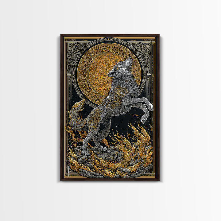 Mythic Wolf Spirit Canvas Gold Art Canvas Art | Norse Viking Wall Art Pagan Symbol Decor for Man Cave | Set with Natural Wood Frame